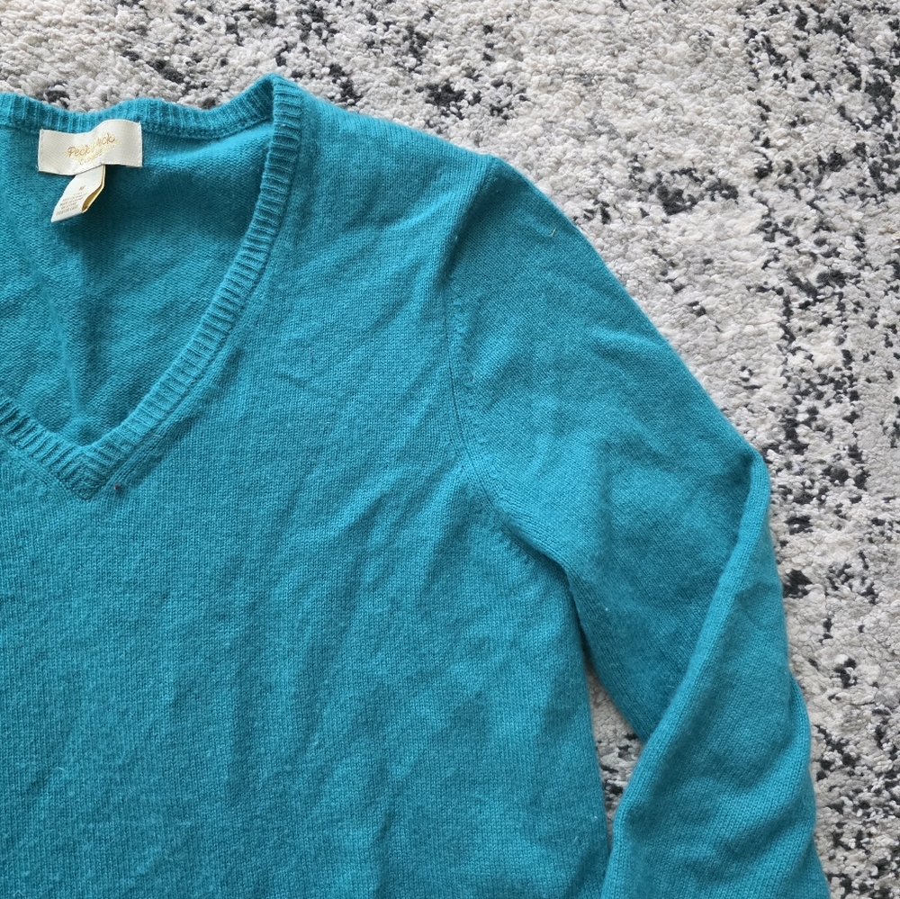 100% Cashmere Peck & Peck Vneck Sweater Womens M Teal Preppy Cottage Core